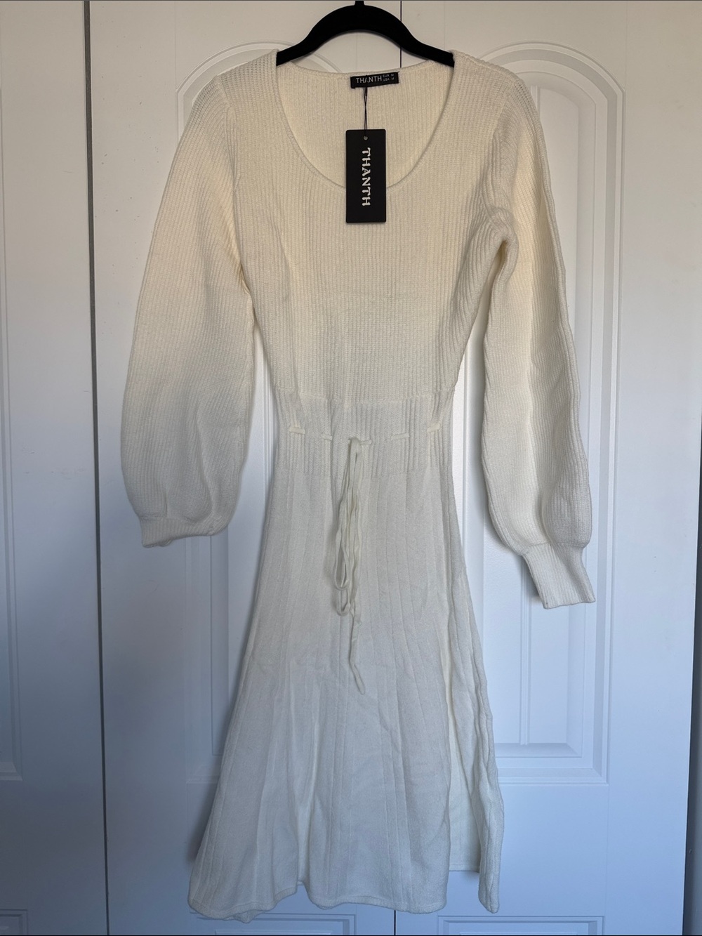 Ivory Knit Long-Sleeve Tie-Waist Midi Dress by FRANKIE SHOP